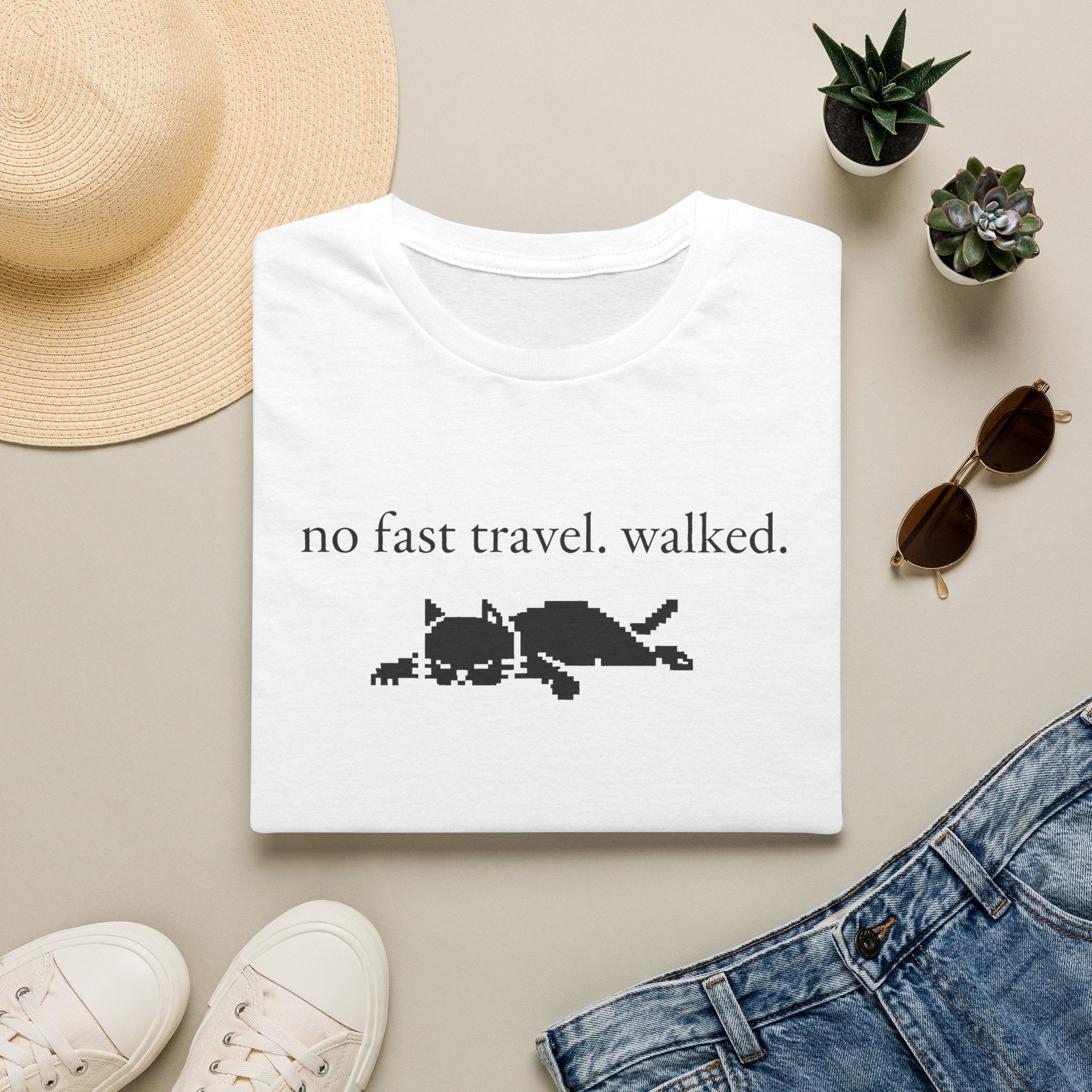 no fast travel. walked. T-shirt