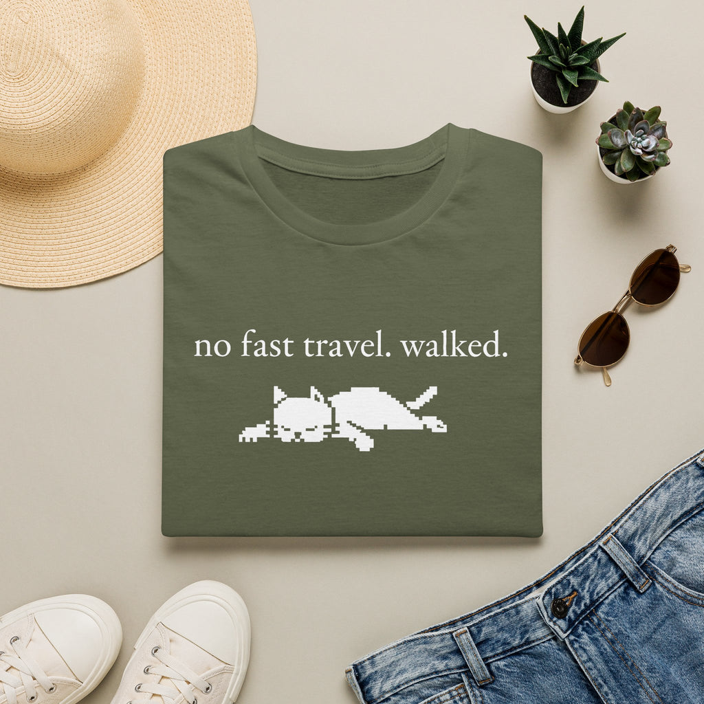 no fast travel. walked. T-shirt