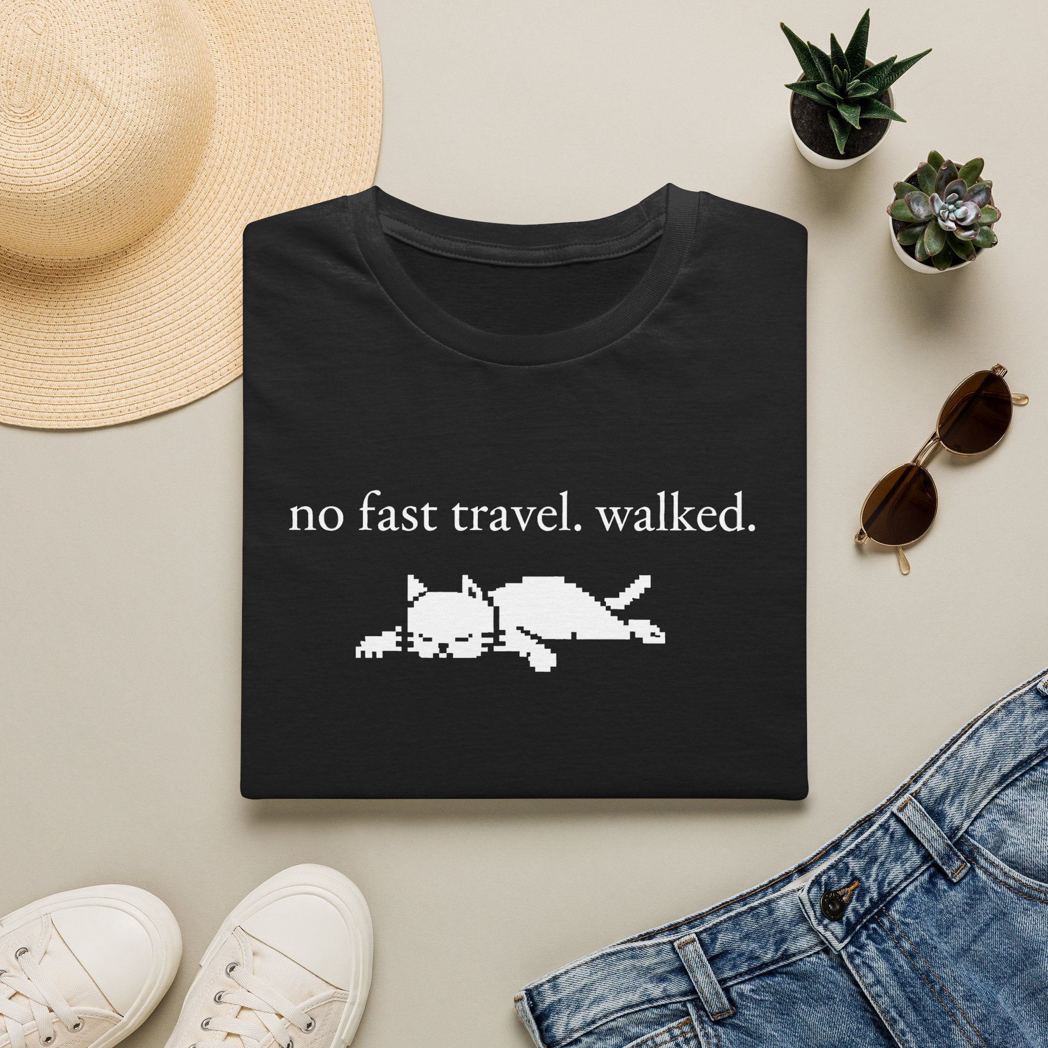 no fast travel. walked. T-shirt